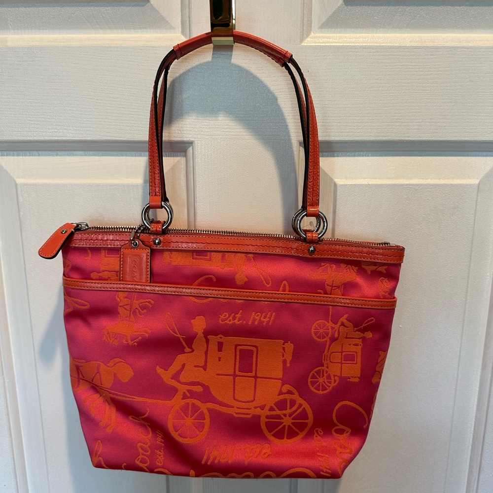 NWT Vintage Coach Vibrant Pink  and Orange Tote Bag with coachman and coach